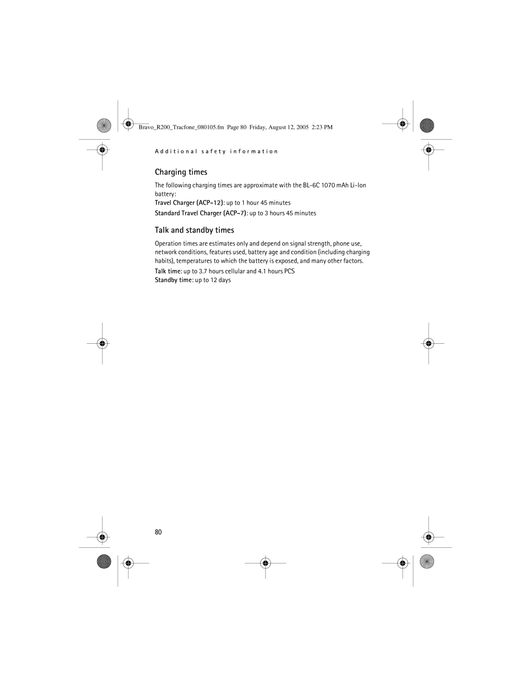 Nokia 2126 manual Charging times, Talk and standby times 