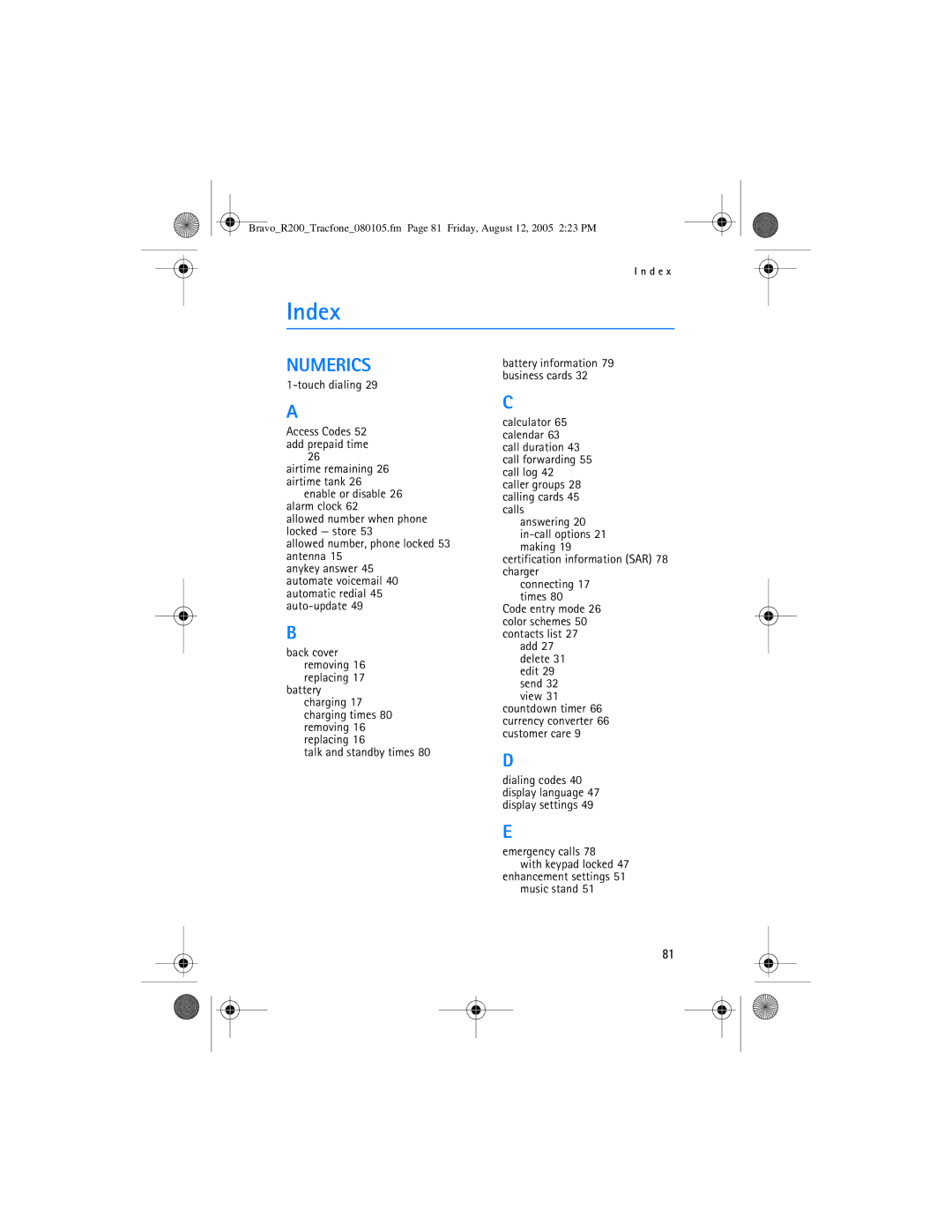 Nokia 2126 manual Index, Touch dialing, Enhancement settings 51 music stand 