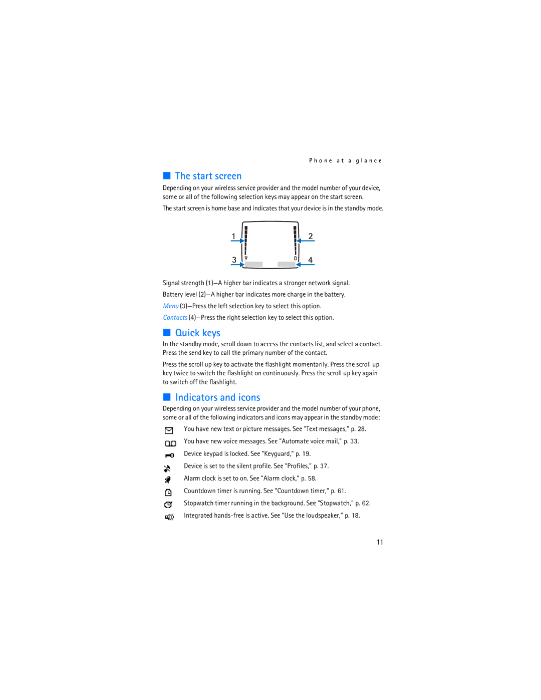 Nokia 2128i manual Start screen, Quick keys, Indicators and icons 