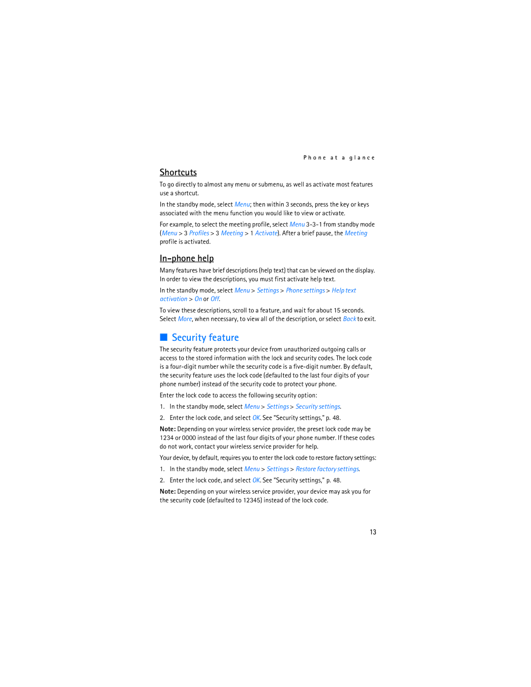 Nokia 2128i manual Security feature, Shortcuts, In-phone help 