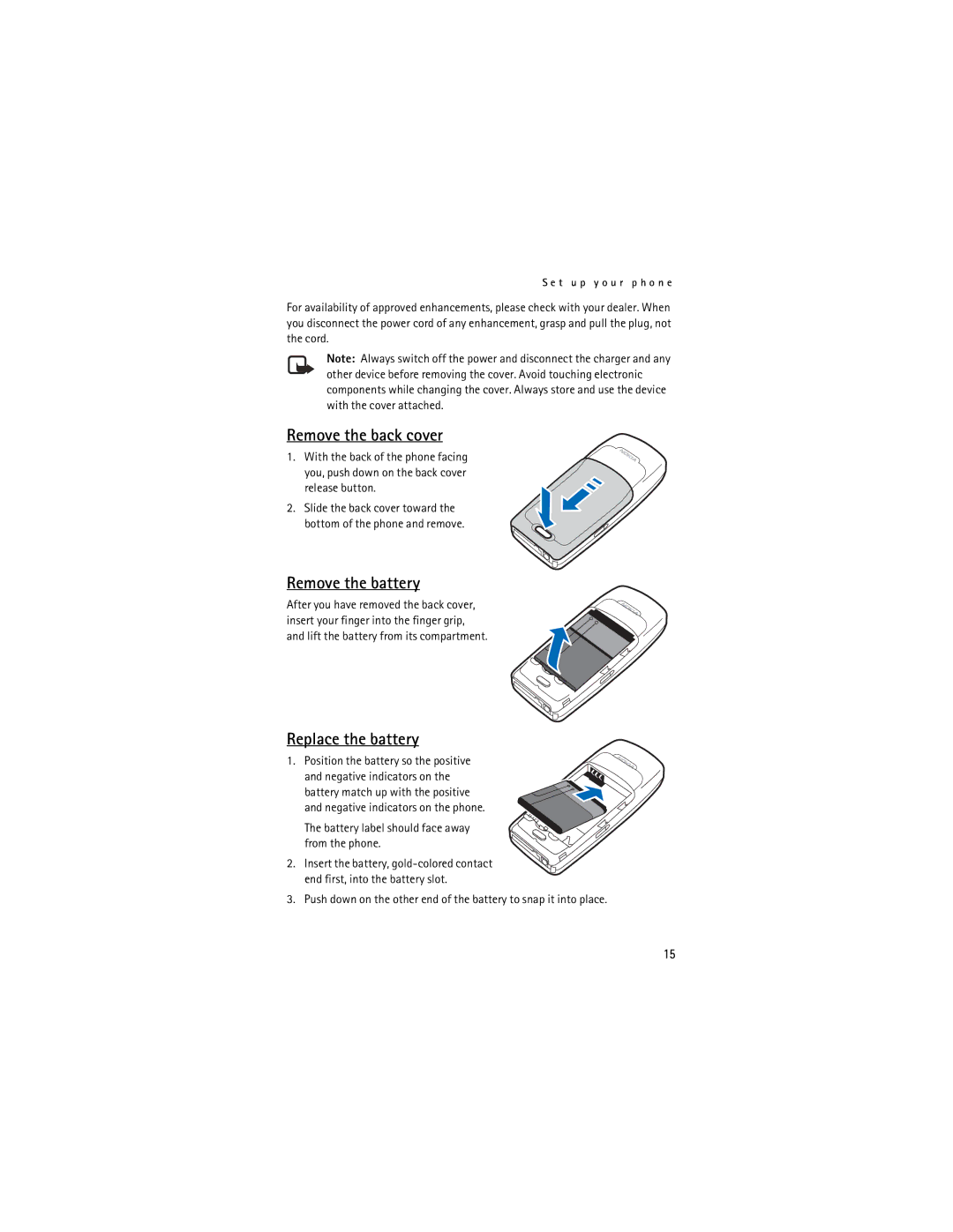 Nokia 2128i manual Remove the back cover, Remove the battery, Replace the battery 