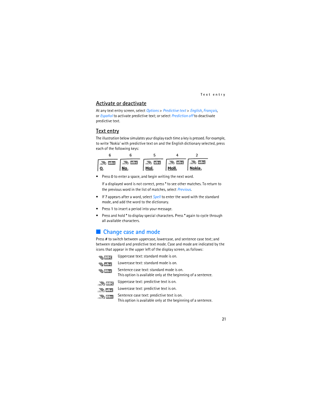 Nokia 2128i manual Change case and mode, Activate or deactivate, Text entry 