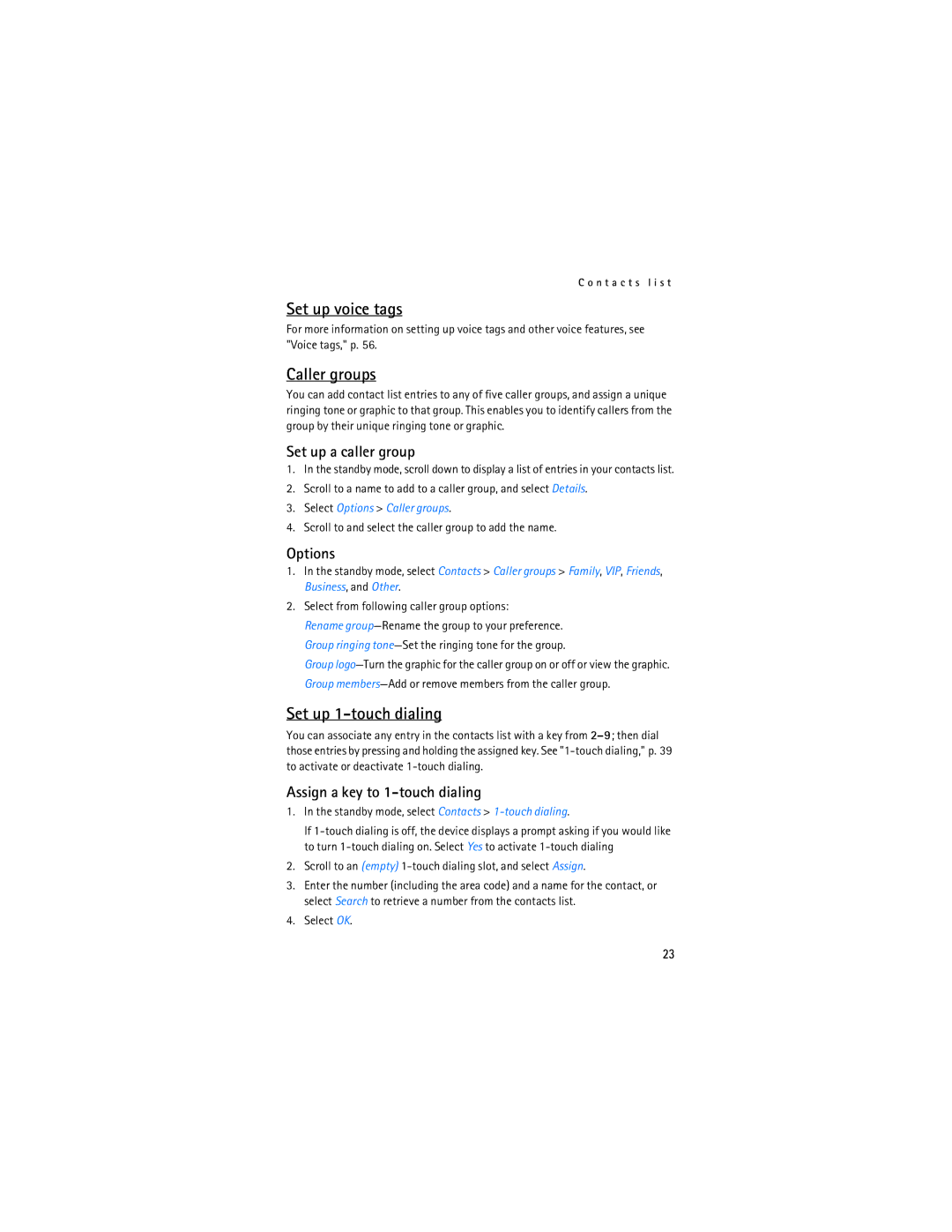 Nokia 2128i manual Set up voice tags, Caller groups, Set up 1-touch dialing 