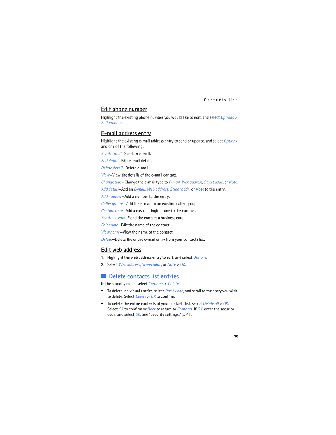 Nokia 2128i manual Delete contacts list entries, Edit phone number, Mail address entry, Edit web address 