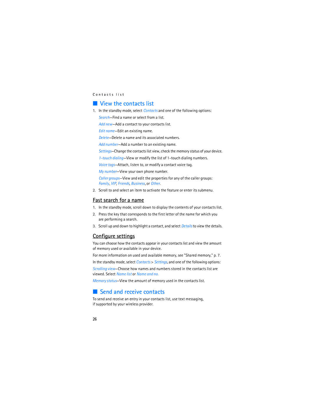 Nokia 2128i manual View the contacts list, Send and receive contacts, Fast search for a name, Configure settings 