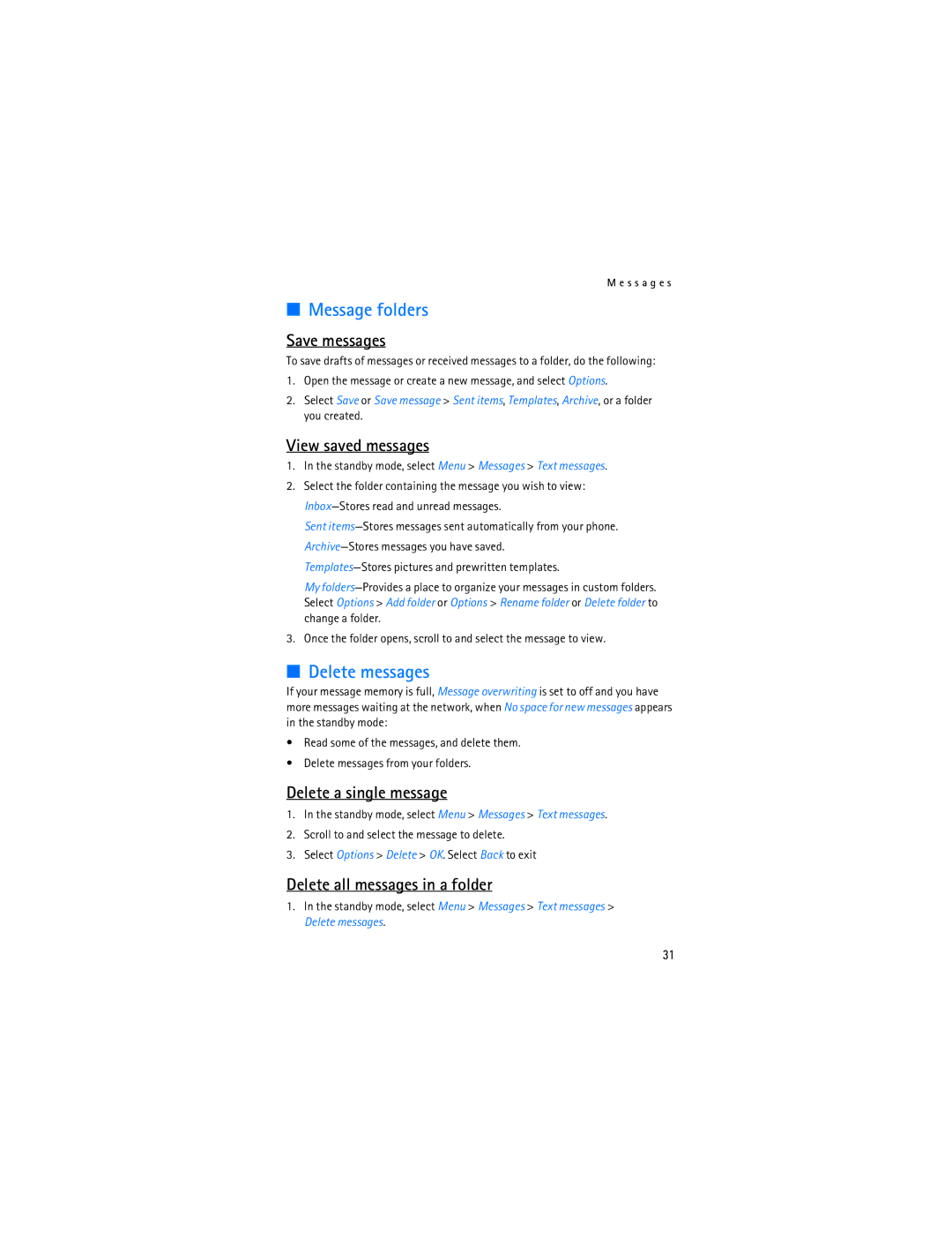 Nokia 2128i manual Message folders, Delete messages 