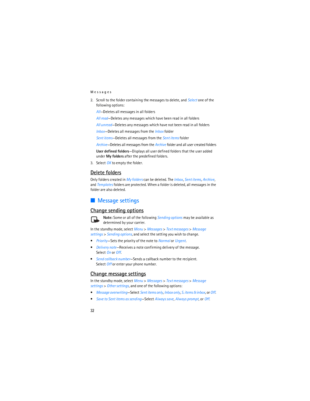 Nokia 2128i manual Message settings, Delete folders, Change sending options, Change message settings 