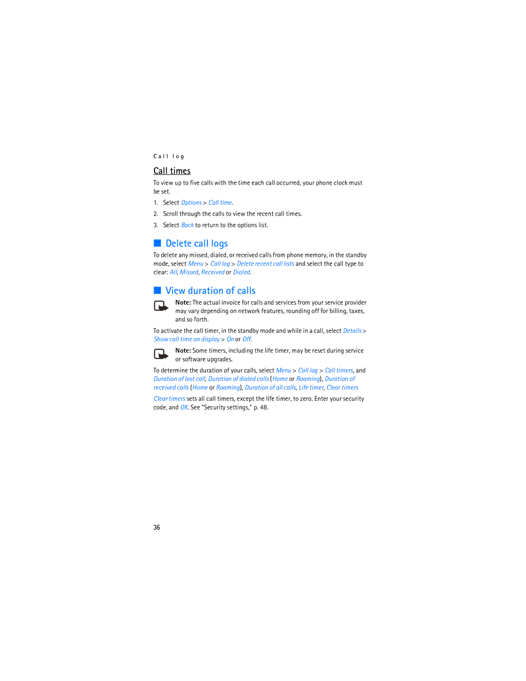 Nokia 2128i manual Delete call logs, View duration of calls, Call times 