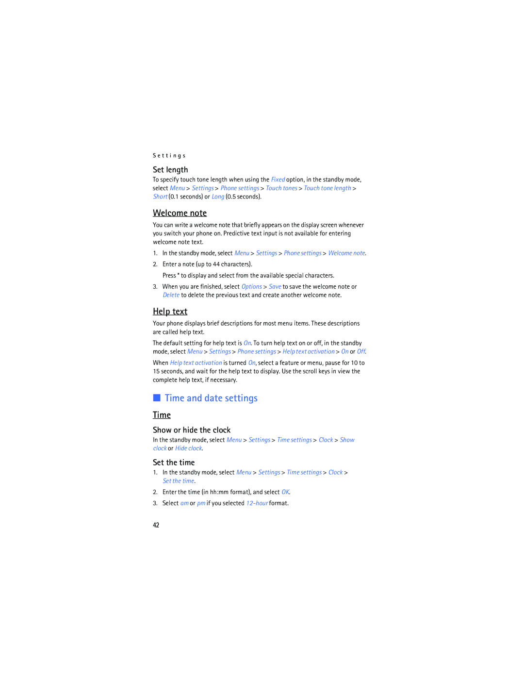 Nokia 2128i manual Time and date settings, Welcome note, Help text 