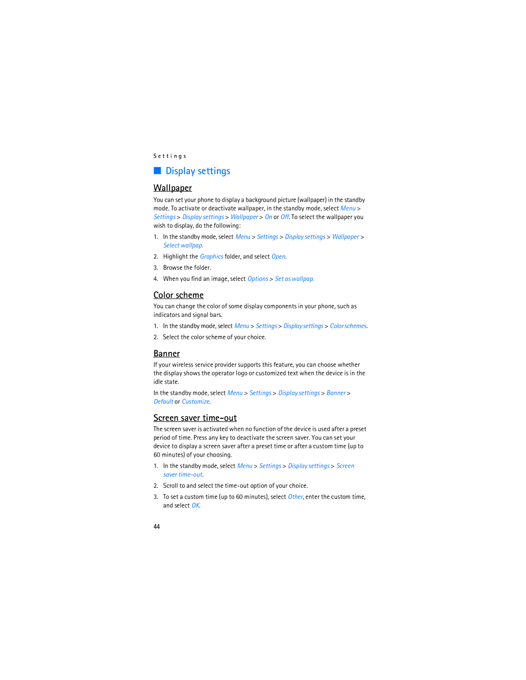 Nokia 2128i manual Display settings, Wallpaper, Color scheme, Banner, Screen saver time-out 