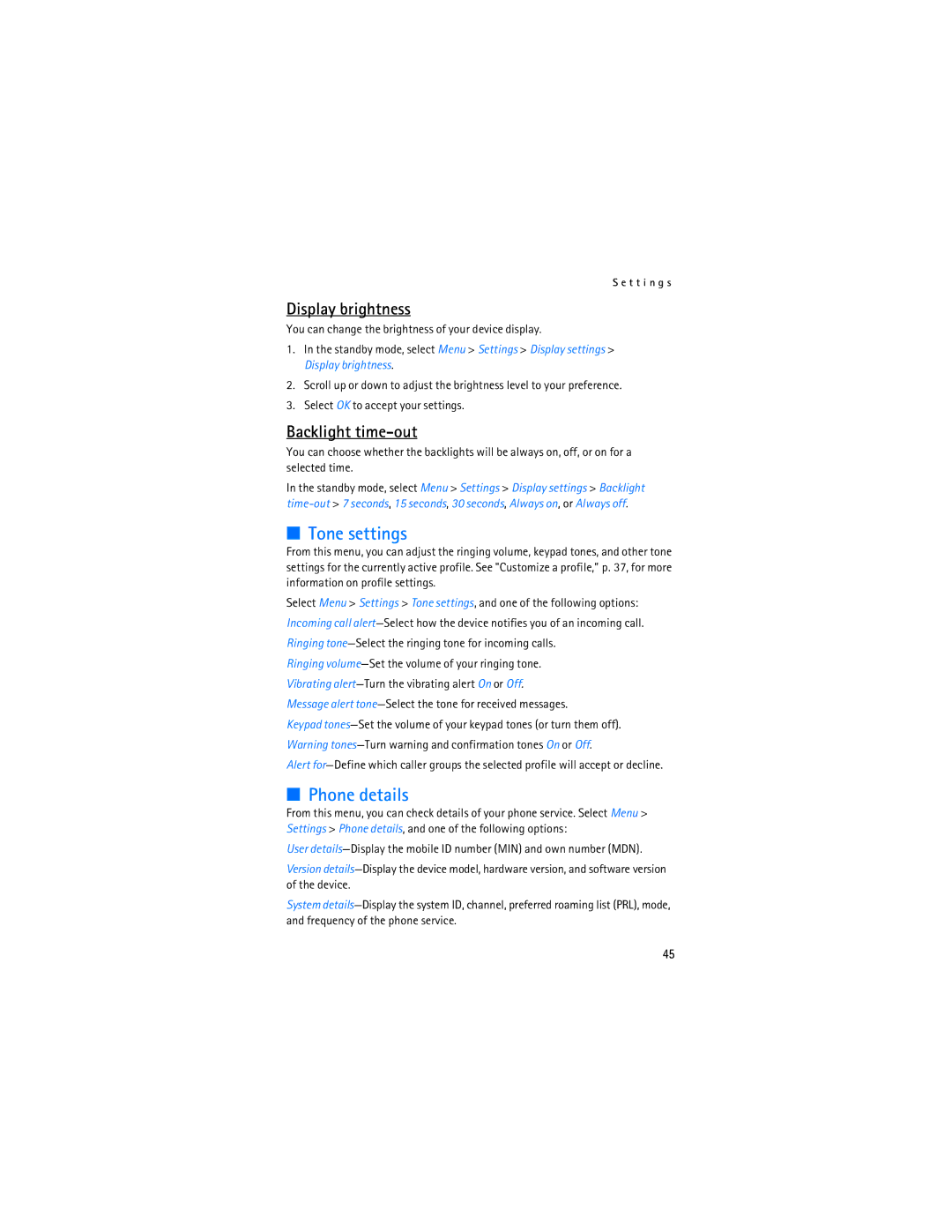 Nokia 2128i manual Tone settings, Phone details, Display brightness, Backlight time-out 