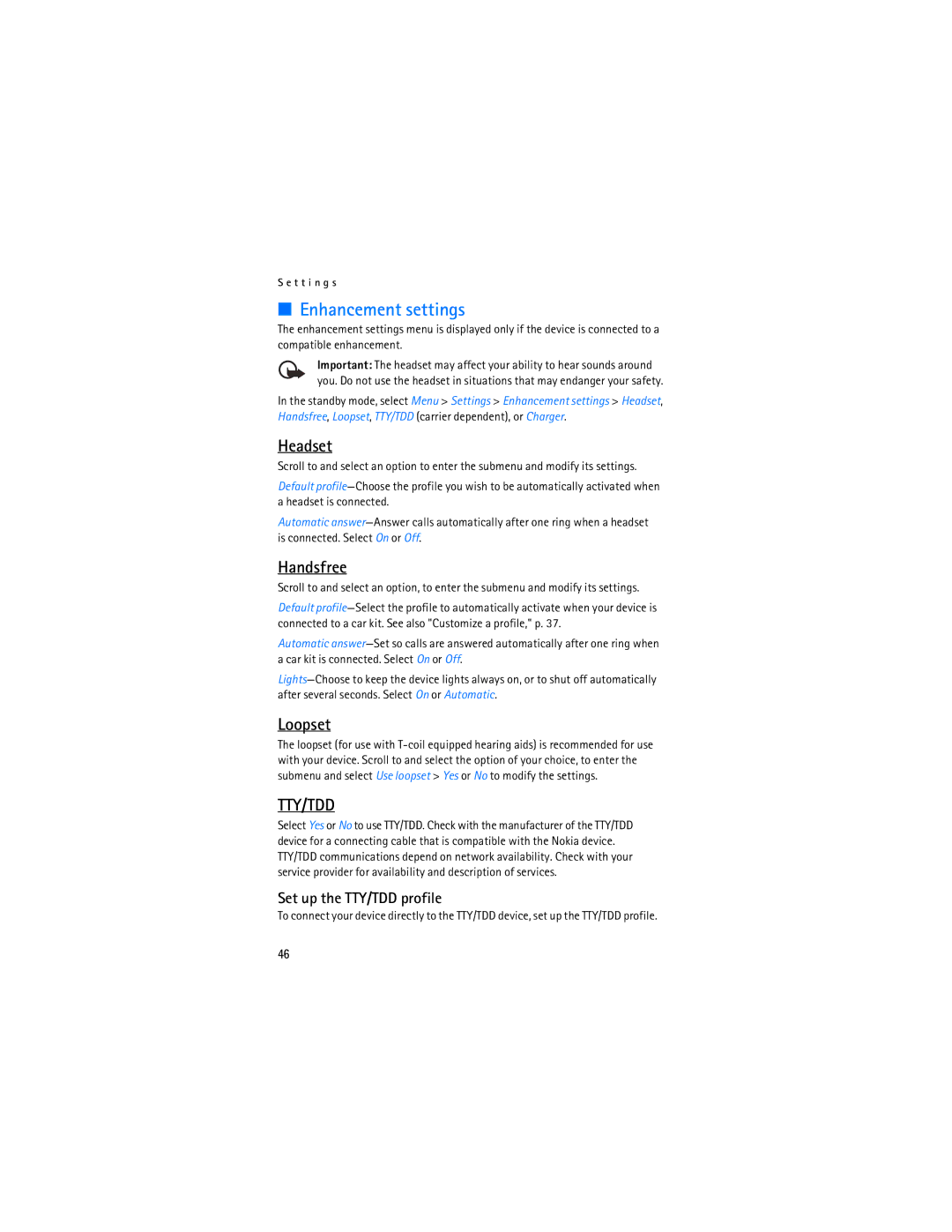 Nokia 2128i manual Enhancement settings, Headset, Handsfree, Loopset, Set up the TTY/TDD profile 