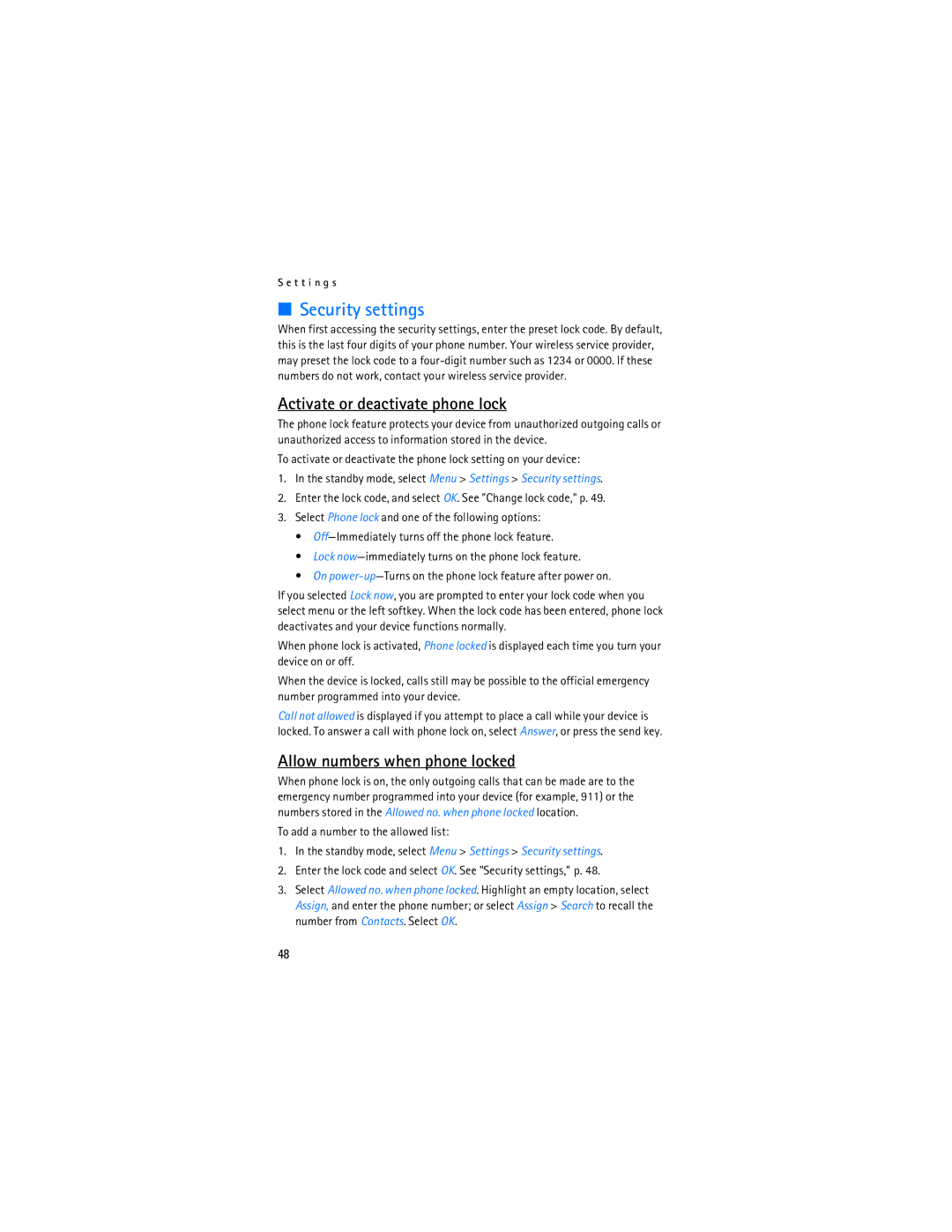 Nokia 2128i manual Security settings, Activate or deactivate phone lock, Allow numbers when phone locked 