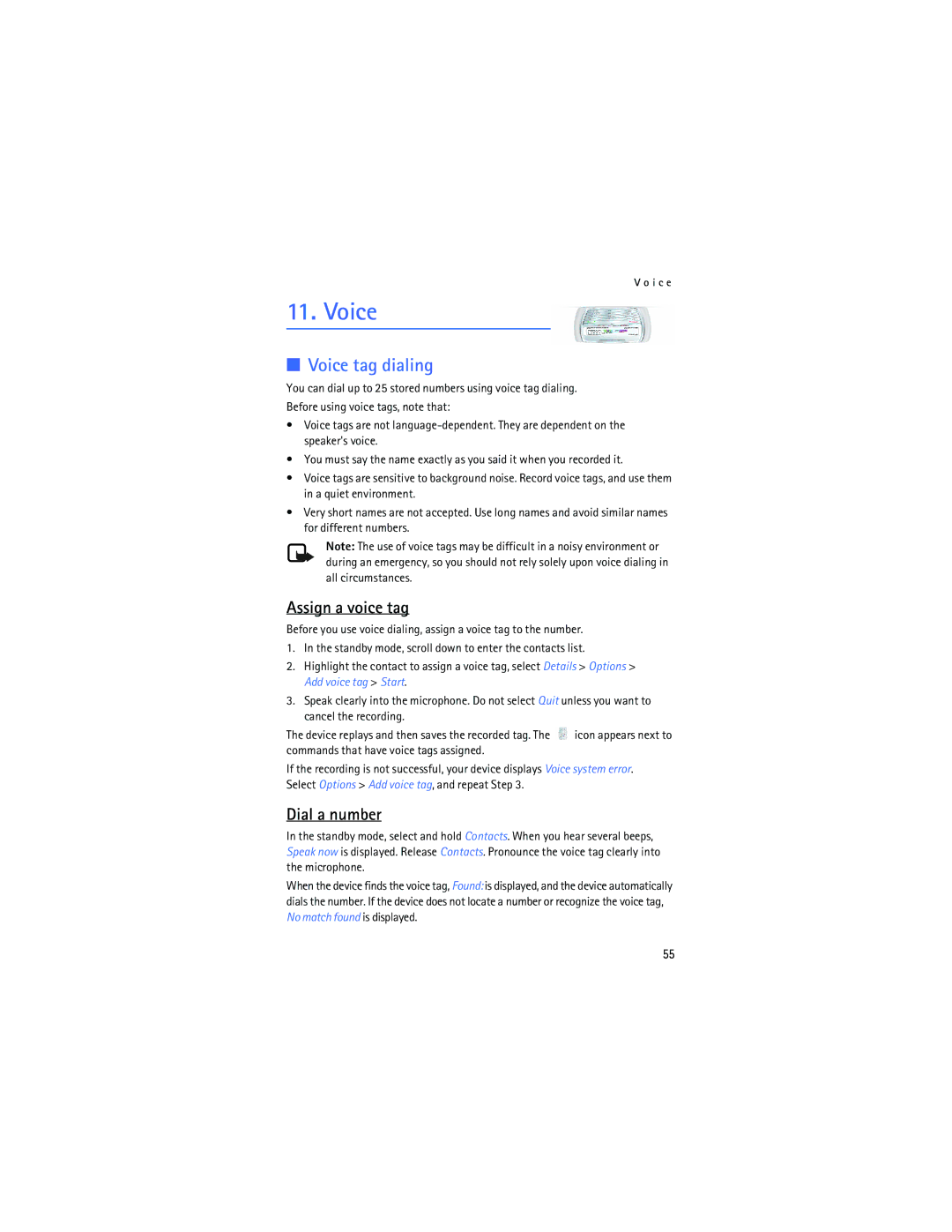 Nokia 2128i manual Voice tag dialing, Assign a voice tag, Dial a number 