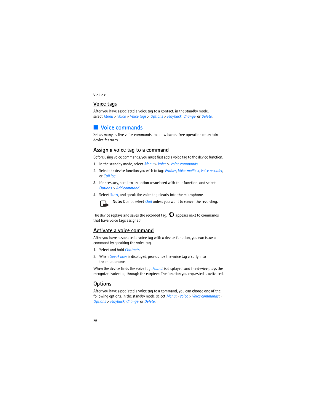 Nokia 2128i manual Voice commands, Voice tags, Assign a voice tag to a command, Activate a voice command, Options 