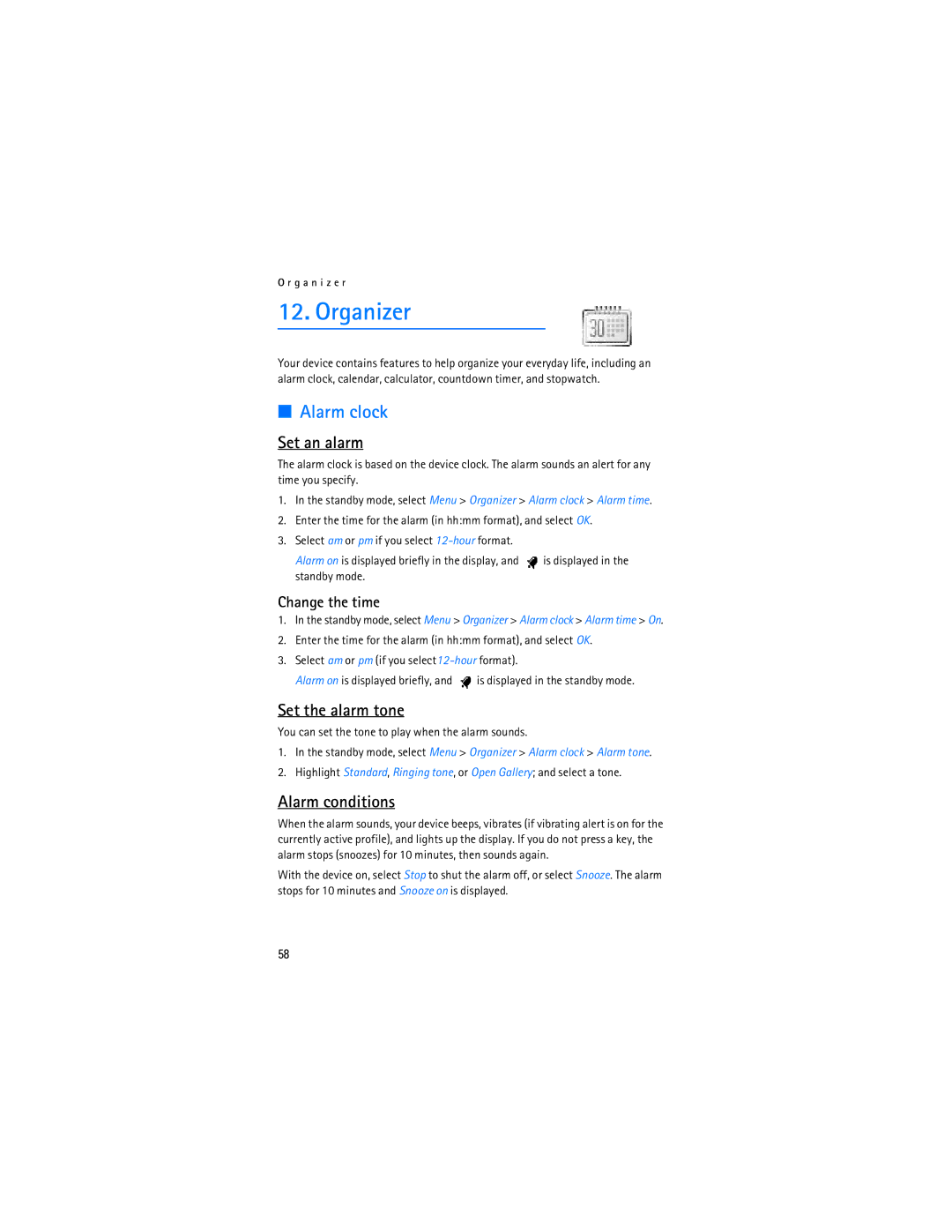 Nokia 2128i manual Organizer, Alarm clock, Set an alarm, Set the alarm tone, Alarm conditions 