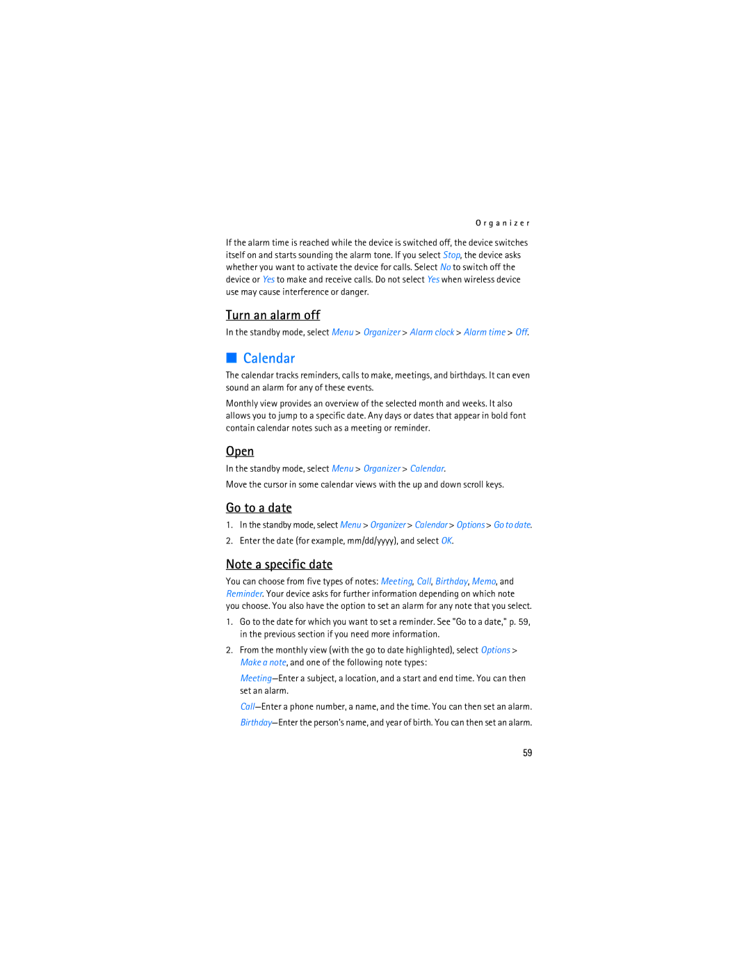 Nokia 2128i manual Calendar, Turn an alarm off, Open, Go to a date 