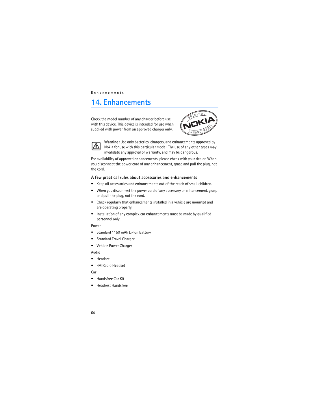 Nokia 2128i manual Enhancements, Few practical rules about accessories and enhancements 