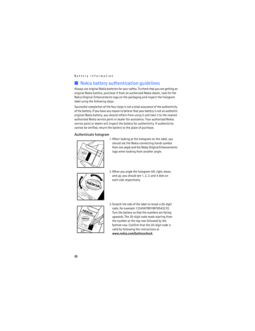 Nokia 2128i manual Nokia battery authentication guidelines, Authenticate hologram 