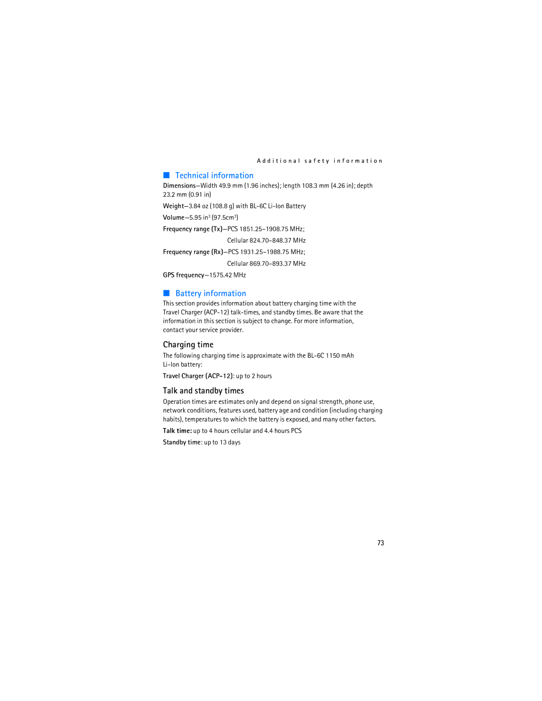 Nokia 2128i manual Charging time, Talk and standby times 