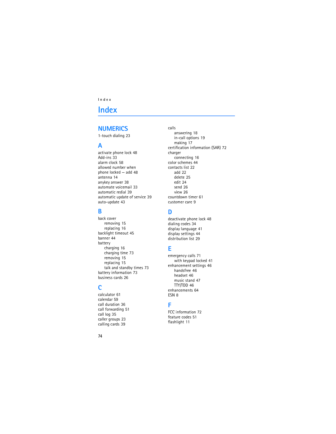 Nokia 2128i manual Index, Numerics 