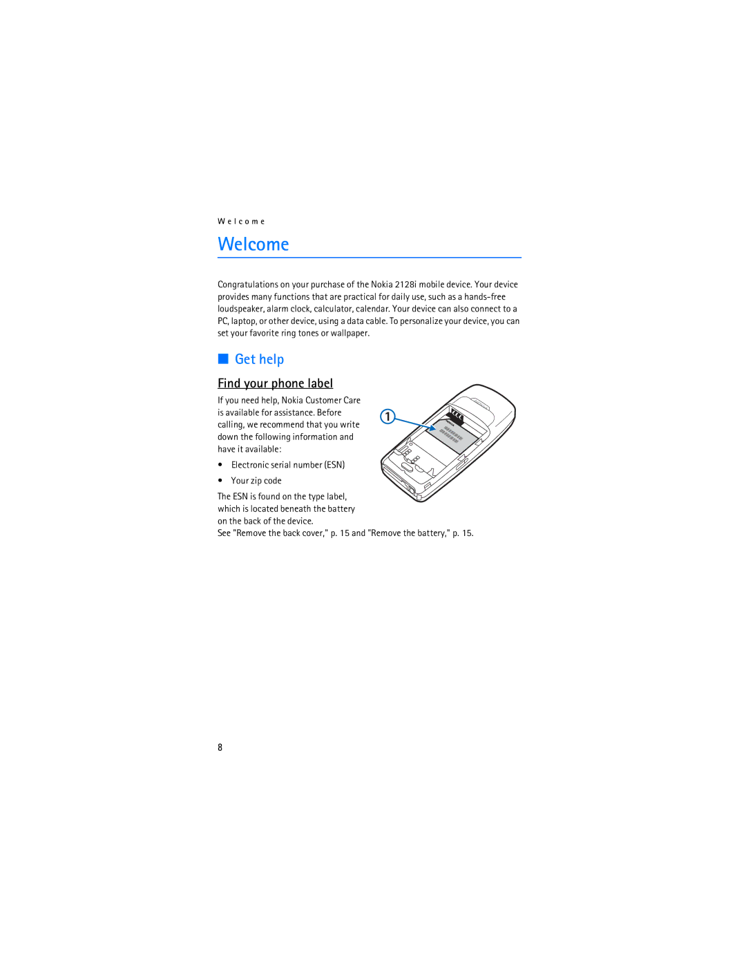 Nokia 2128i manual Welcome, Get help, Find your phone label 