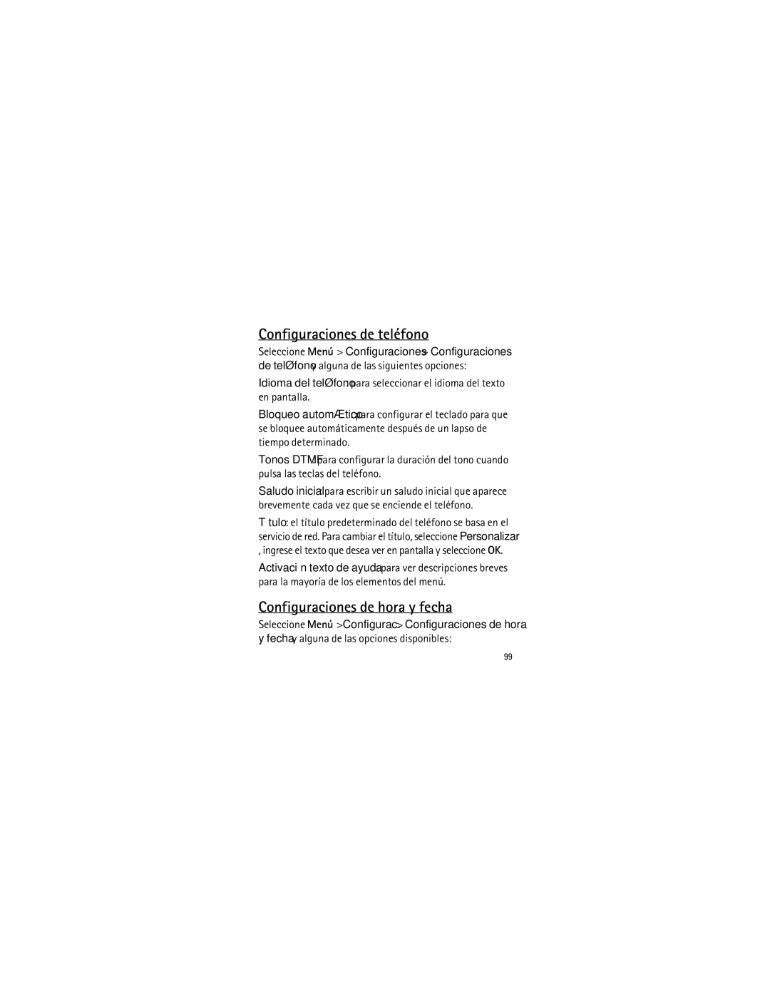 Nokia 2135 manual Configuraciones de teléfono, Configuraciones de hora y fecha 