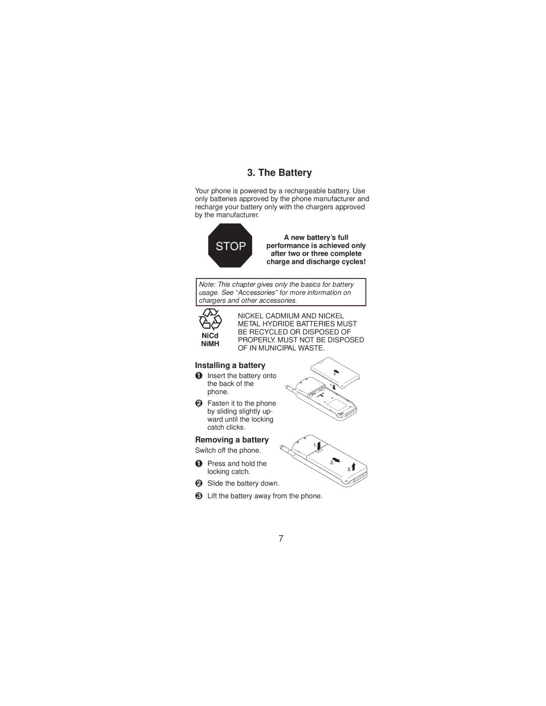 Nokia 2160 manual Battery, Installing a battery, Removing a battery, New battery’s full, NiCd NiMH 