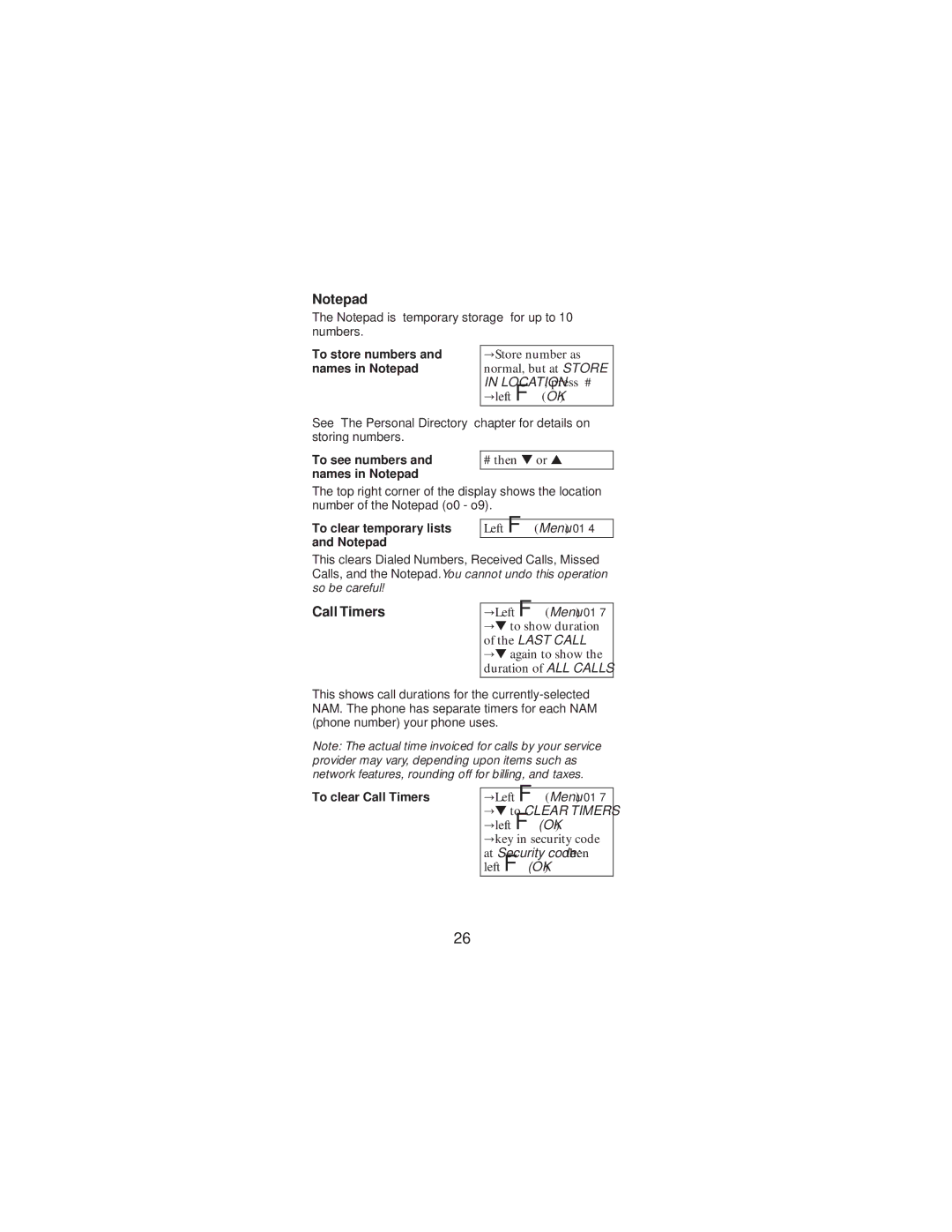 Nokia 2160 manual To clear temporary lists and Notepad, To clear Call Timers 