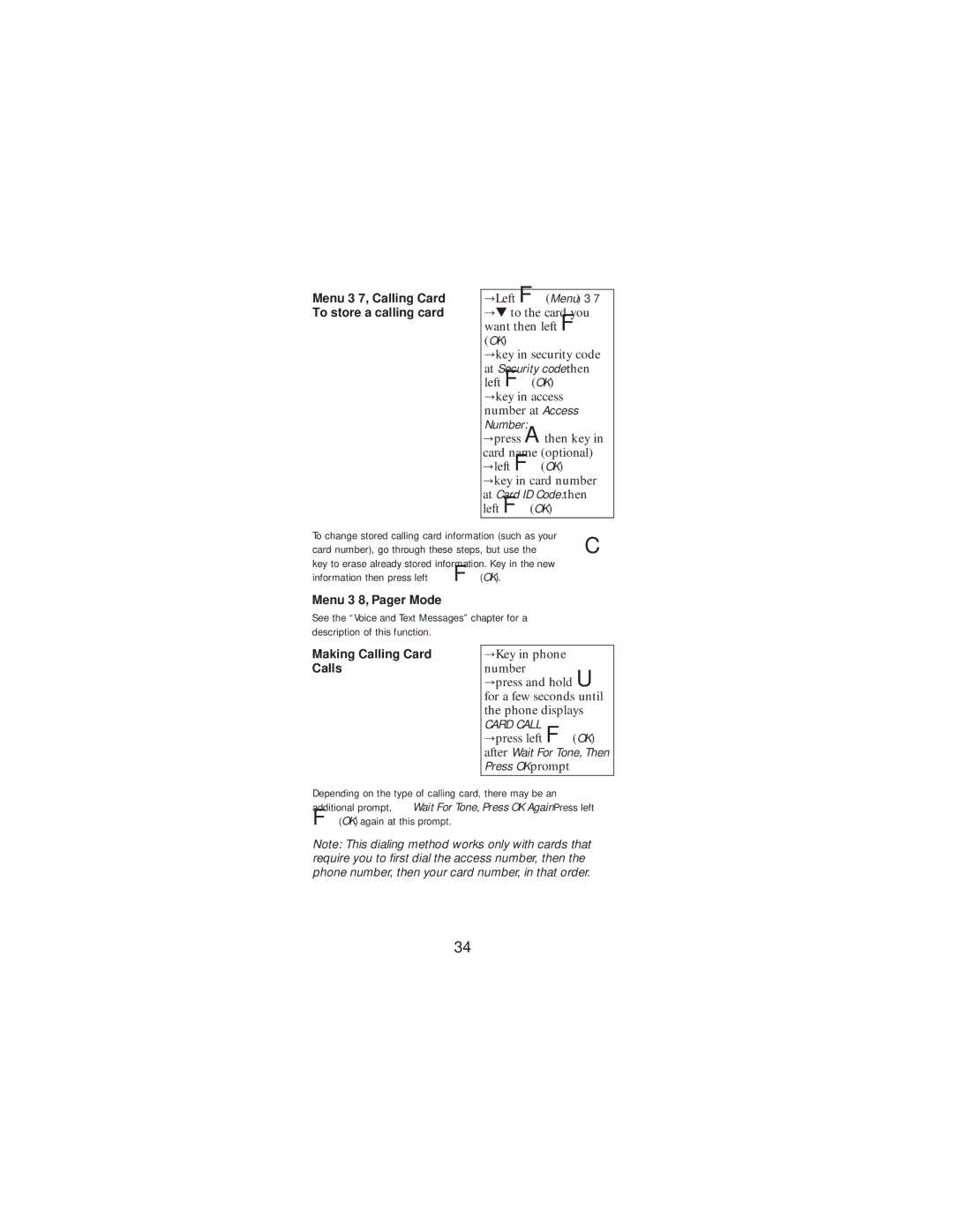 Nokia 2160 manual Number, At Card ID Code then left FOK, Menu 3 8, Pager Mode, Making Calling Card Calls 