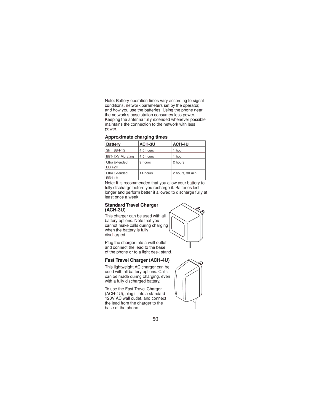 Nokia 2160 manual Approximate charging times, Standard Travel Charger ACH-3U, Fast Travel Charger ACH-4U, Battery 