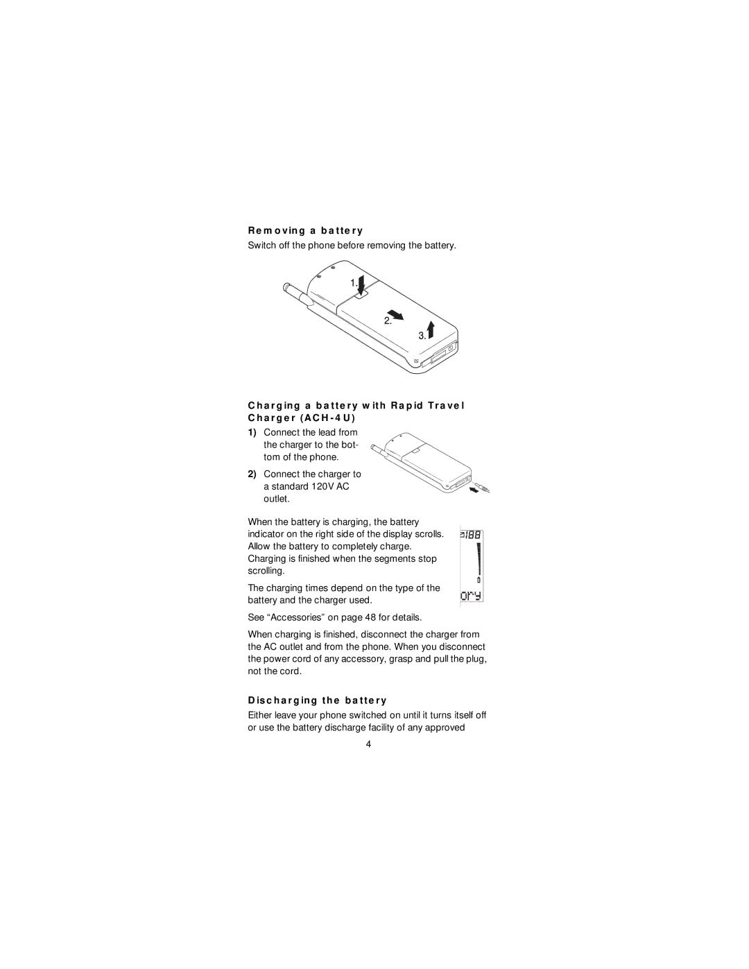 Nokia 2160i owner manual Removing a battery, Switch off the phone before removing the battery, Discharging the battery 