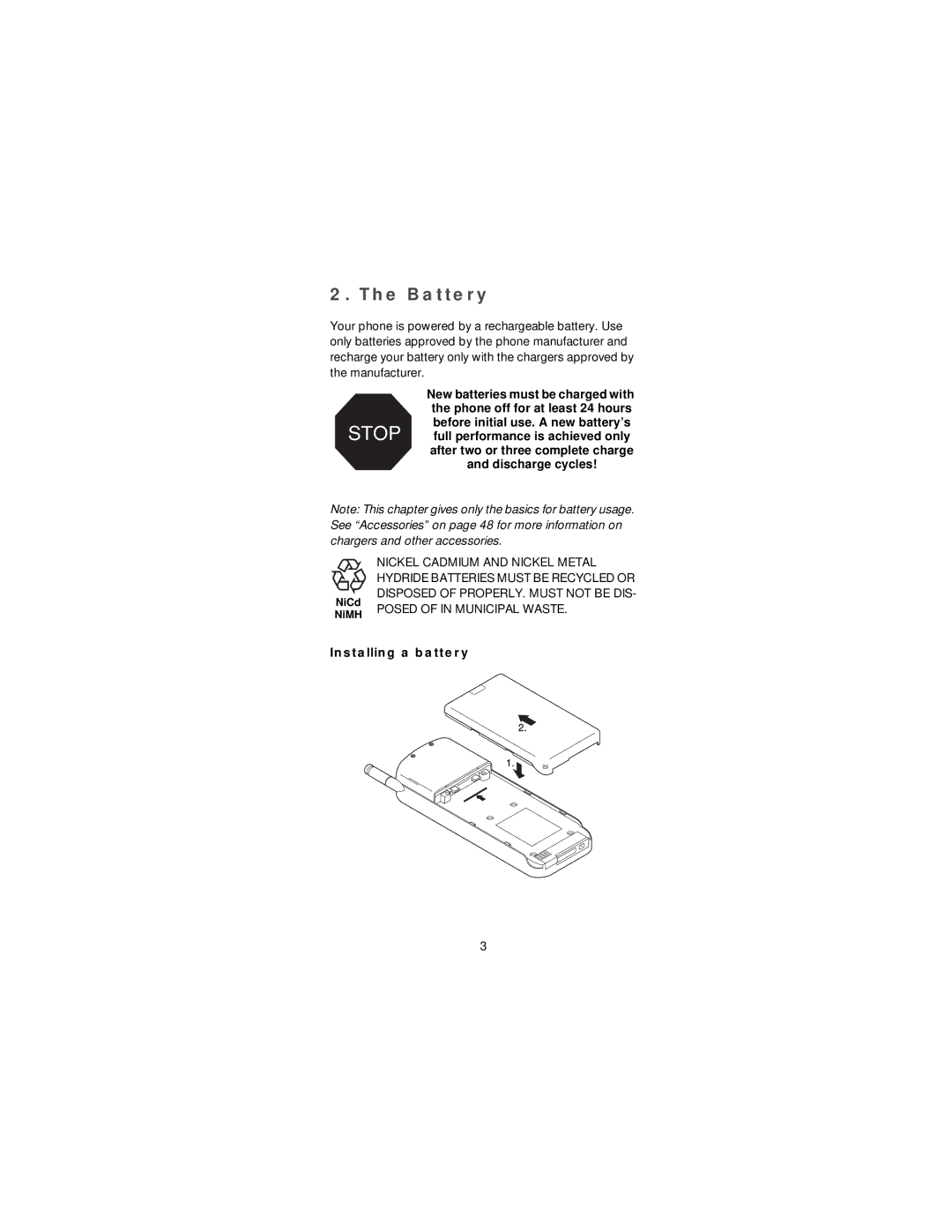 Nokia 2160i owner manual Battery, Discharge cycles, Installing a battery 