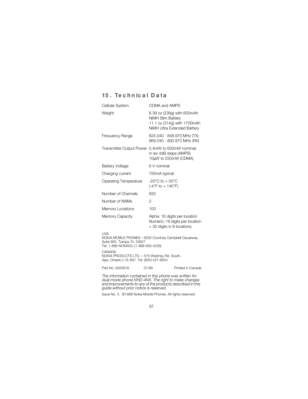 Nokia 2180 manual Technical Data 