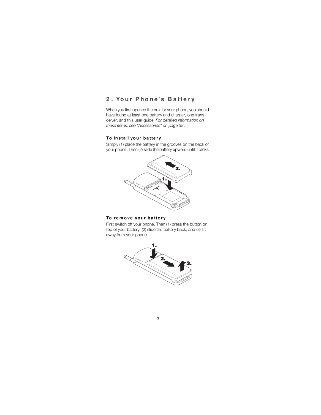 Nokia 2180 manual Your Phone’s Battery, To install your battery, To remove your battery 