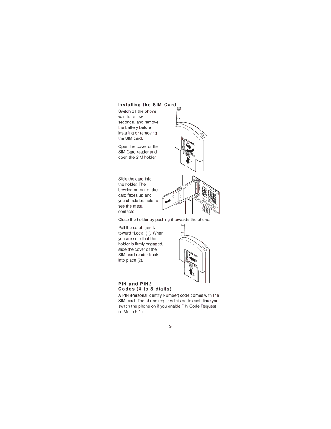 Nokia 2190 manual Installing the SIM Card, PIN and PIN2 Codes 4 to 8 digits 