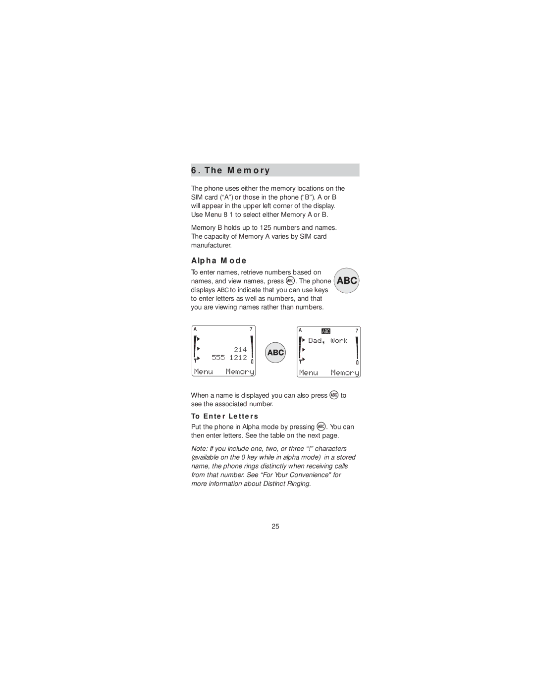 Nokia 2190 manual Memory, Alpha Mode, To Enter Letters 