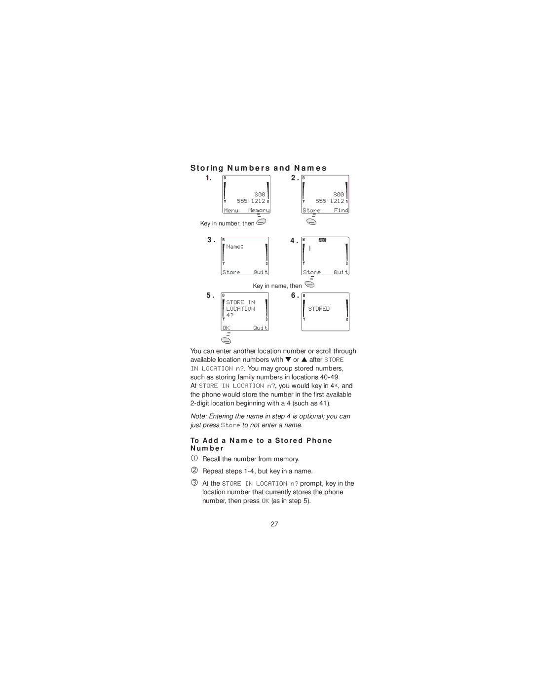 Nokia 2190 manual Storing Numbers and Names, To Add a Name to a Stored Phone Number 