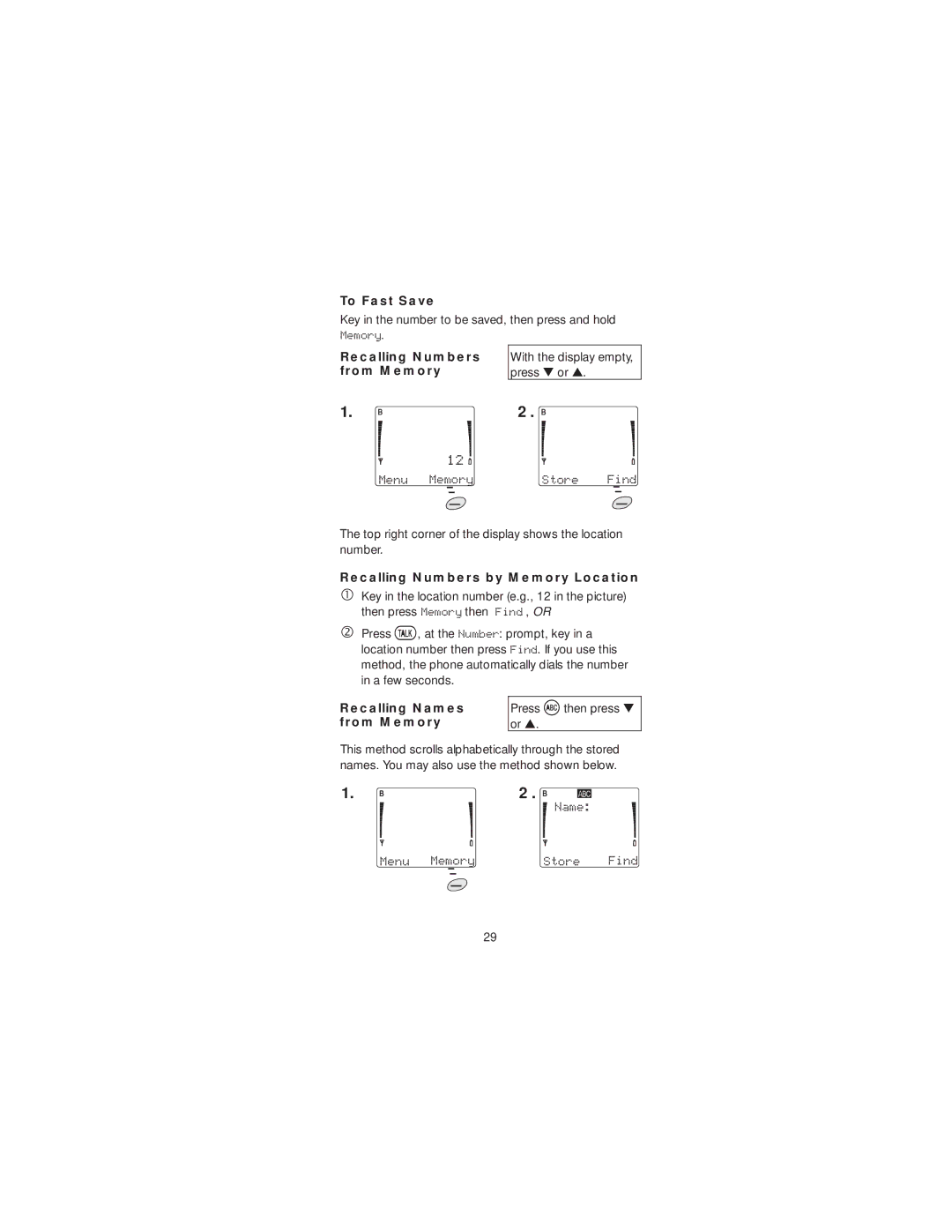 Nokia 2190 To Fast Save, Recalling Numbers from Memory, Recalling Numbers by Memory Location, Recalling Names from Memory 