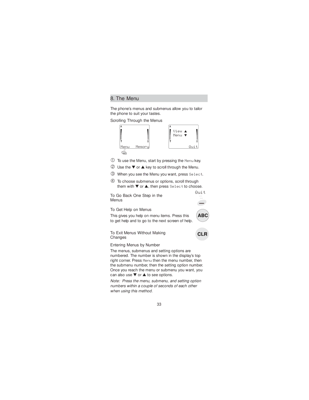 Nokia 2190 manual Scrolling Through the Menus, To Go Back One Step in the Menus To Get Help on Menus 