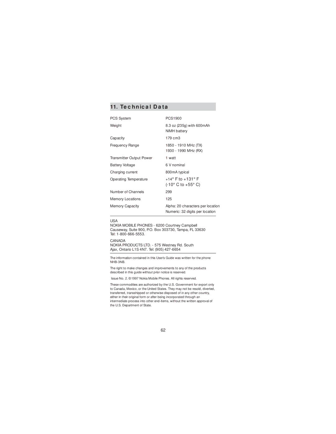 Nokia 2190 manual Technical Data, +14 F to +131 F, 10C to +55 C 