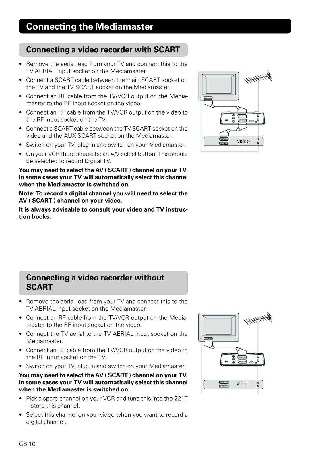 Nokia 221 T owner manual Connecting a video recorder with Scart, Connecting a video recorder without 