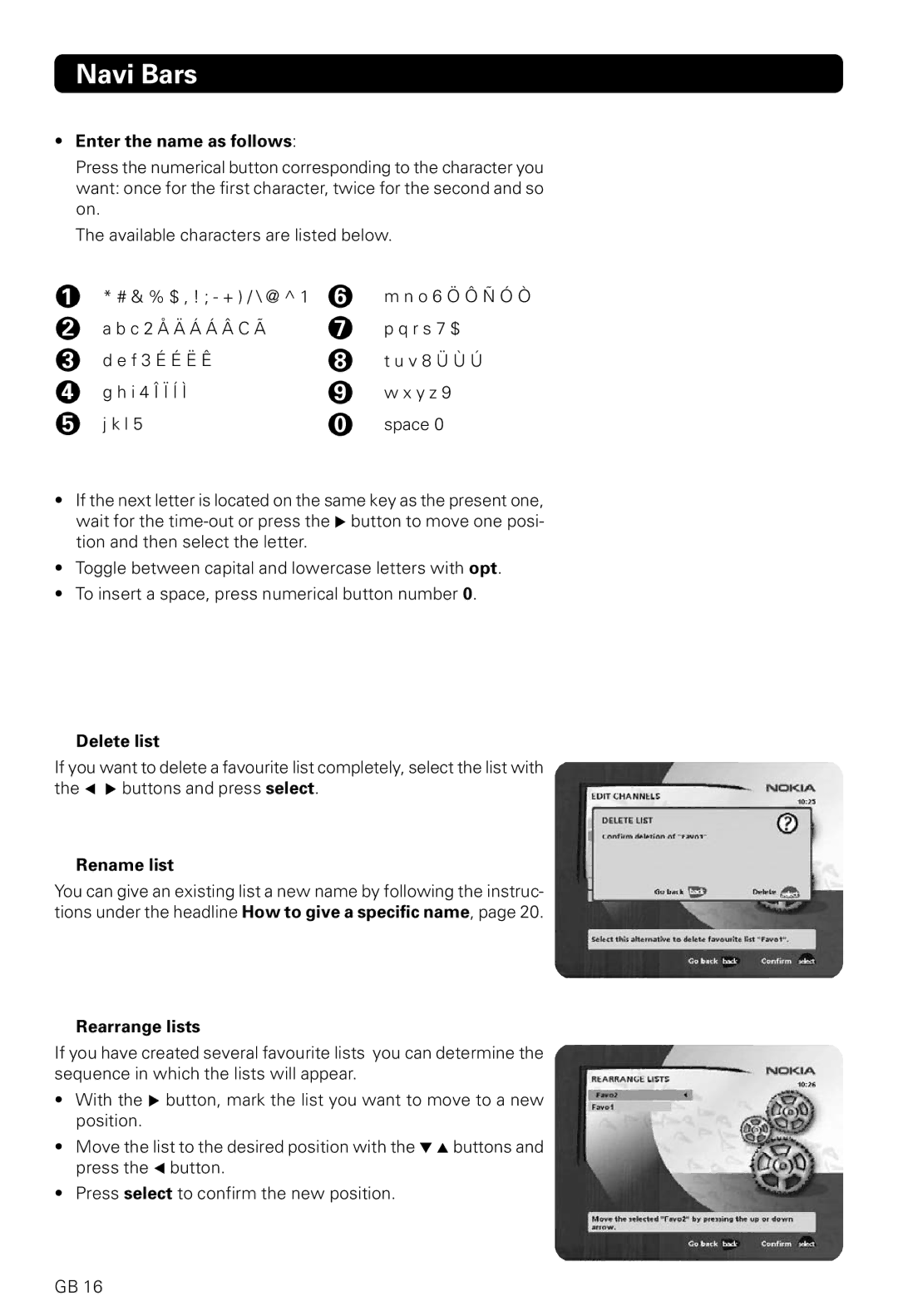 Nokia 221 T owner manual Enter the name as follows, Delete list, Rename list, Rearrange lists 