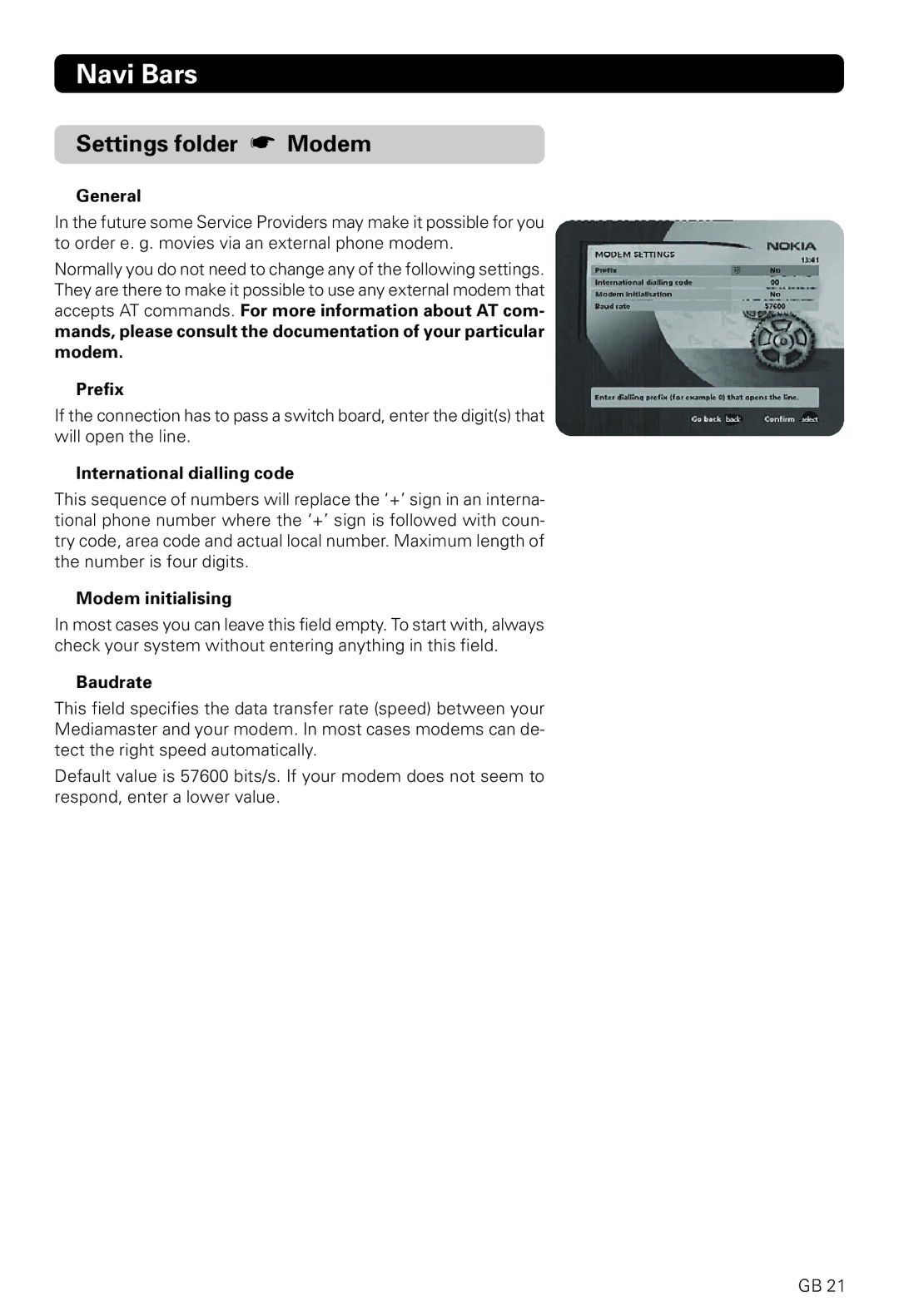 Nokia 221 T owner manual Settings folder Modem, Prefix, International dialling code, Modem initialising, Baudrate 
