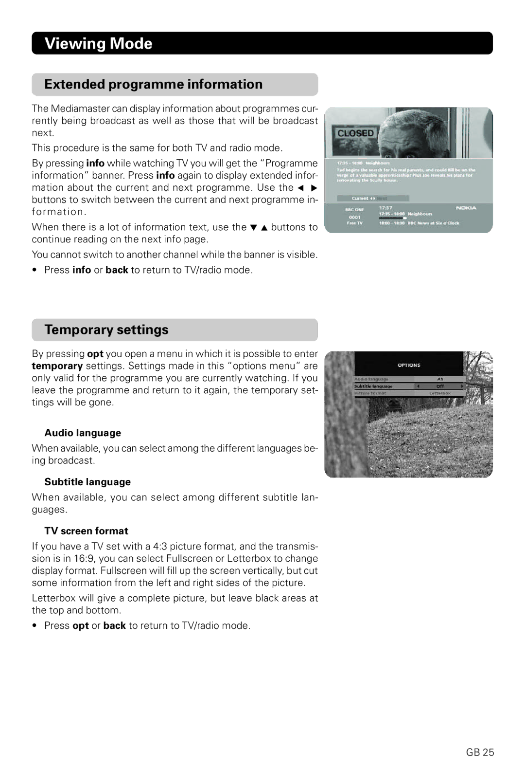 Nokia 221 T owner manual Extended programme information, Temporary settings, Audio language, Subtitle language 