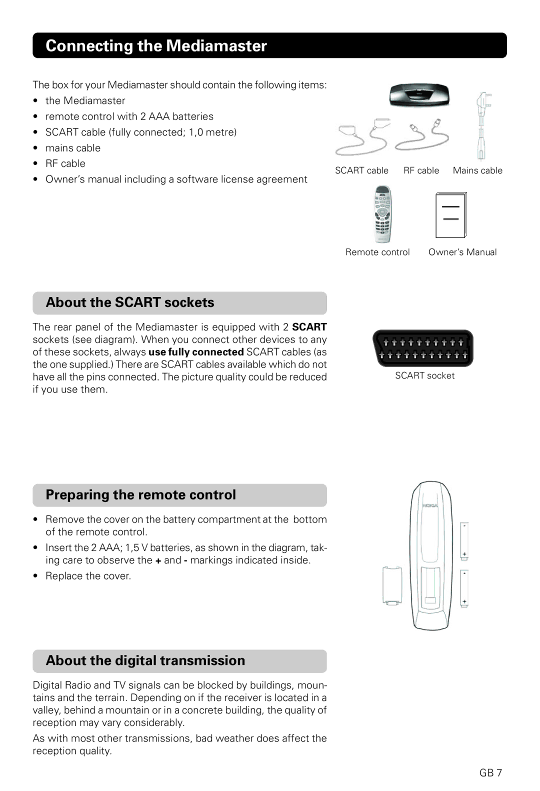 Nokia 221 T owner manual Connecting the Mediamaster, About the Scart sockets, Preparing the remote control 