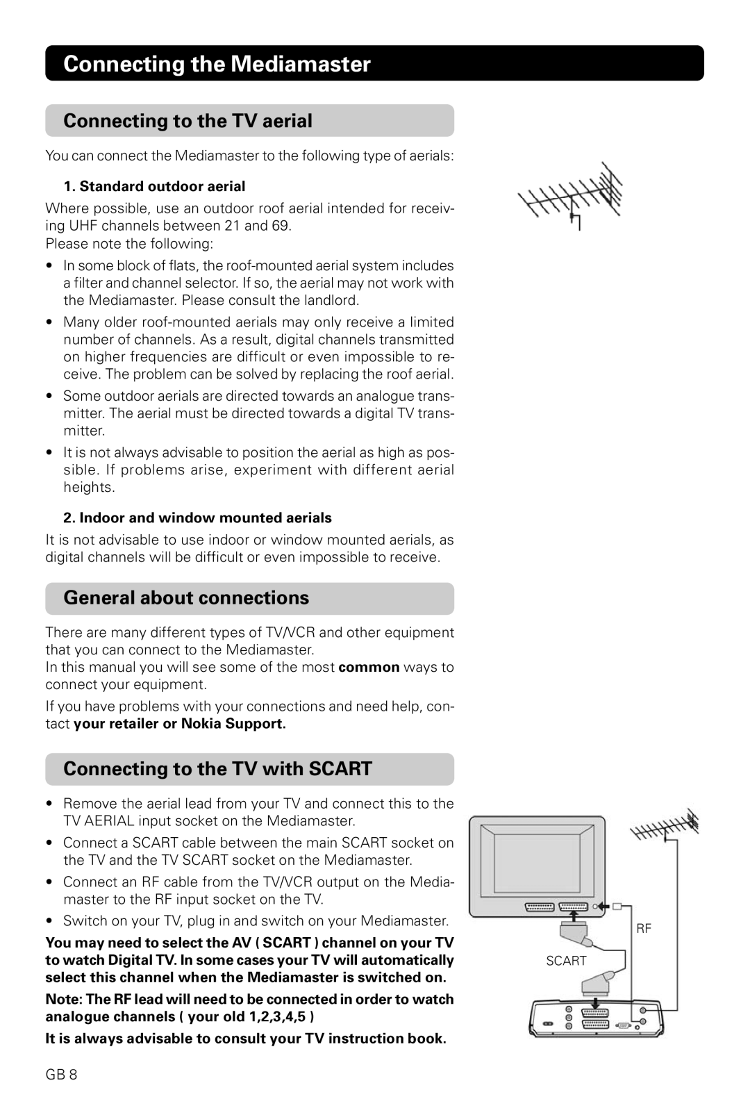 Nokia 221 T owner manual Connecting to the TV aerial, General about connections, Connecting to the TV with Scart 