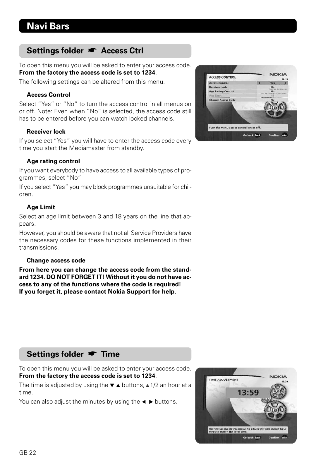 Nokia 221 T Settings folder Access Ctrl, Settings folder Time, Navi Bars, Access Control, Receiver lock, Age Limit 