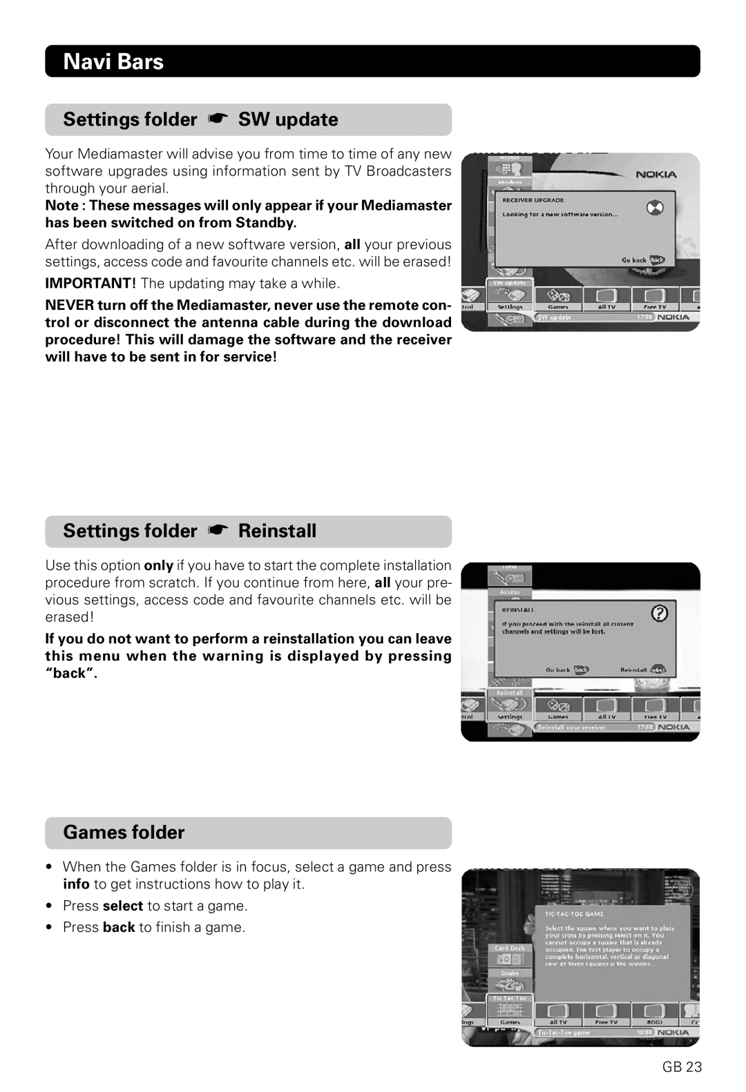 Nokia 221 T owner manual Settings folder SW update, Settings folder Reinstall, Games folder, Navi Bars 