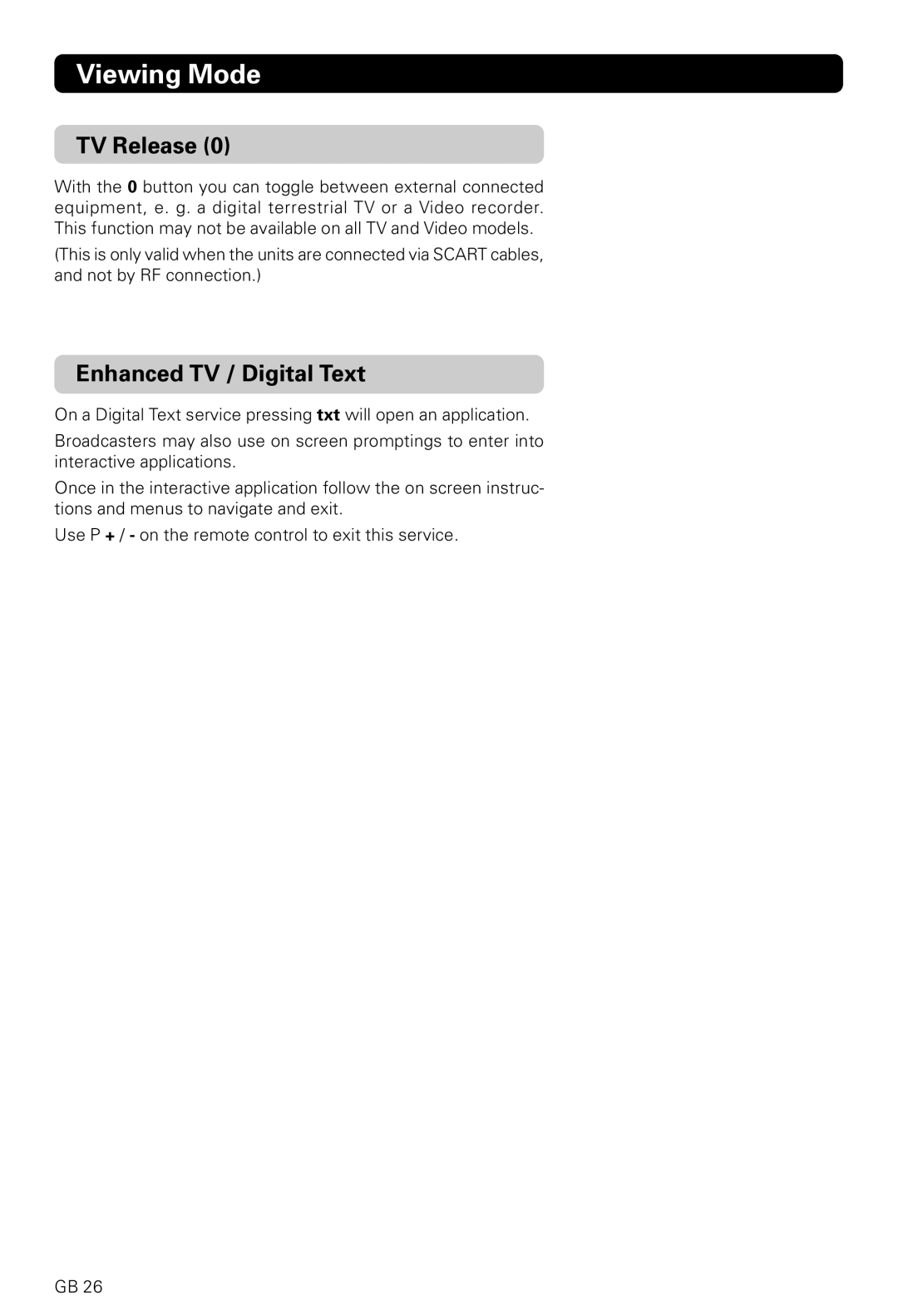 Nokia 221 T owner manual TV Release, Enhanced TV / Digital Text, Viewing Mode 